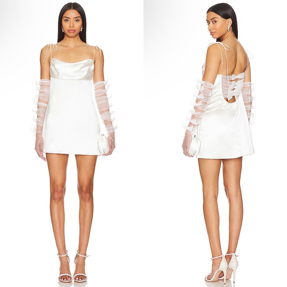 NWT For Love & Lemons Ambre Mini Dress in White Bridal Bow Gloves